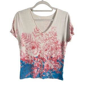 Chic Floral V-Neck Knit Top - Cream, Pink, and Blue Size M Cottagecore Romantic